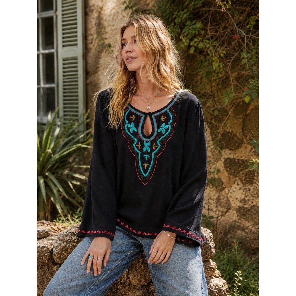 Flint & Moss Black Embroidered Boho Tunic Top Size M Festival Peasant Hippie